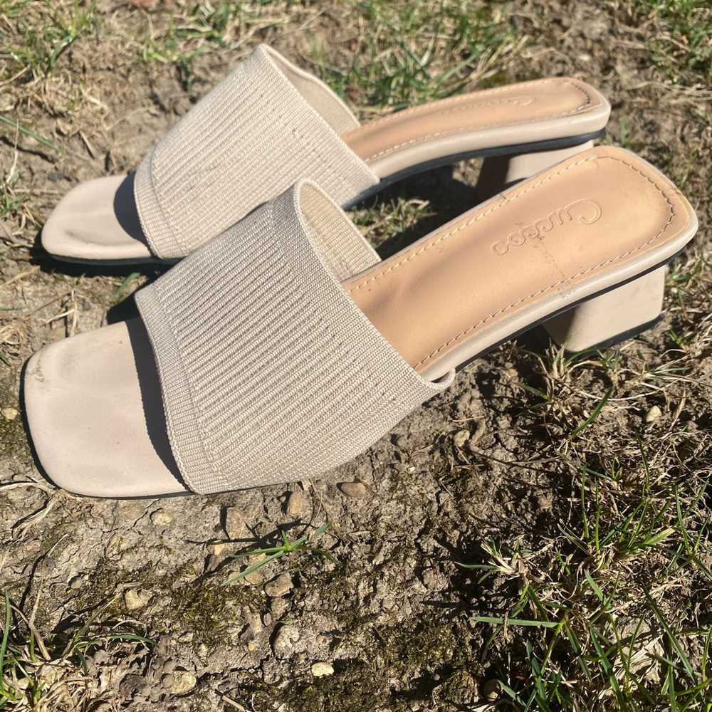 Nude summer sandal elastic stretch low heel mule split on